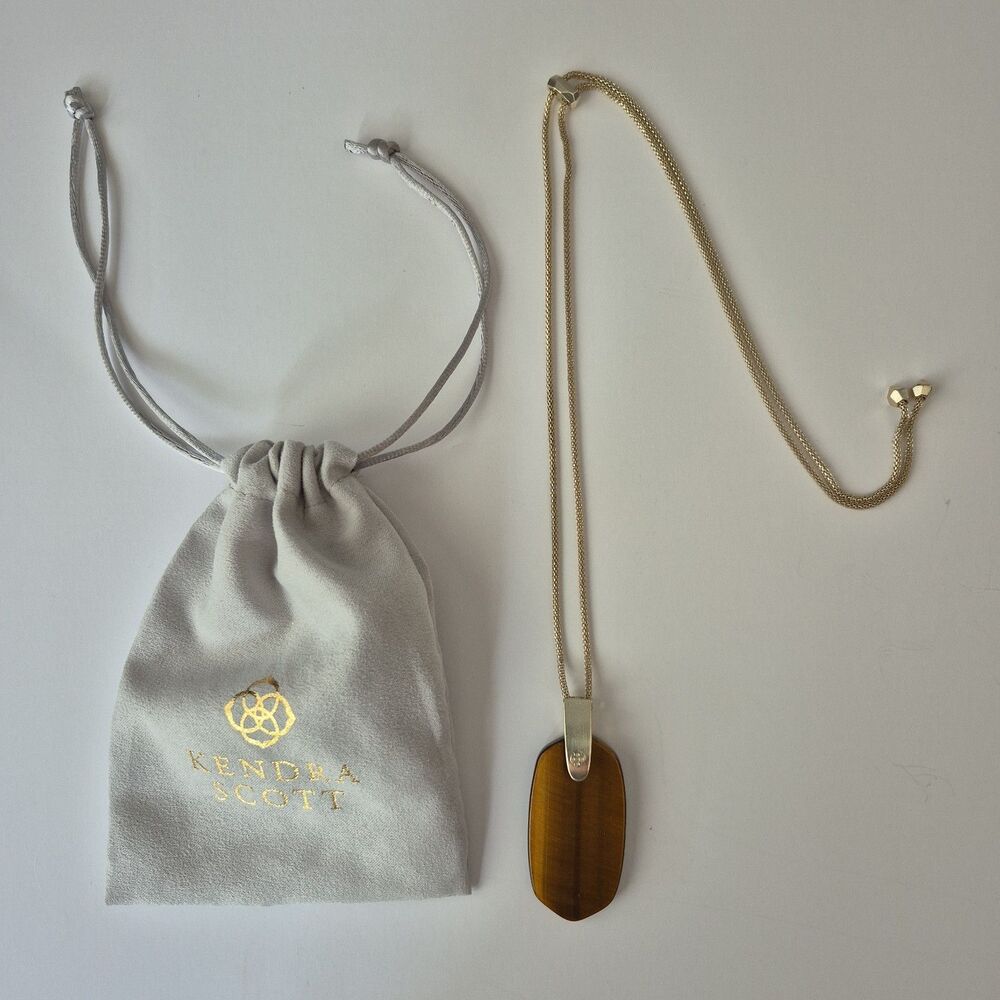 Kendra Scott Gold Tone Inez Tigers Eye Stone Pendant Adjustable Necklace w/ Bag